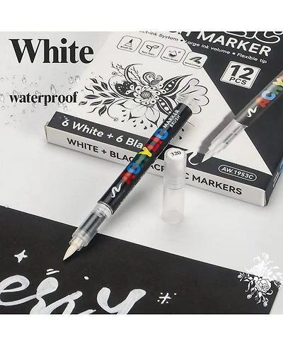 Htutwoo 12Pcs White Acrylic Paint Pens, Soft Brush Tip Markers for Wood, Metal, Rock, Plastic, Glass, Canvas and Fabric