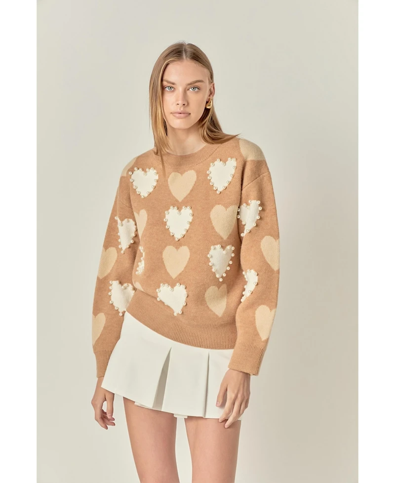 English Factory Women's Pearl with Heart Pattern Sweater
