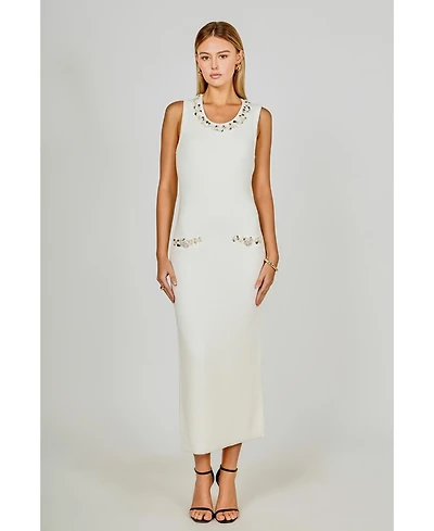 endless rose Women's Boucle Knit Jewel Trim Midi Dress