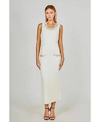 endless rose Women's Boucle Knit Jewel Trim Midi Dress