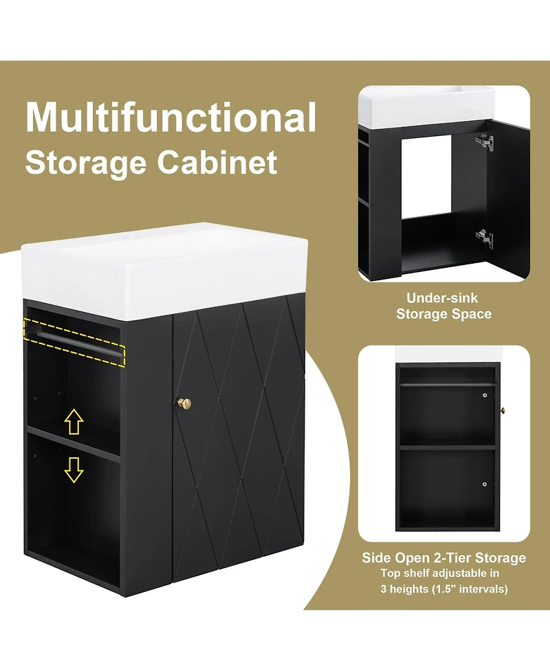 Boyel Living 20 Inch Bathroom Vanity with Ceramic Sink, Diamond Pattern Door, Gold Handle, Side Storage Shelves, Modern Cabinet Towel Bar