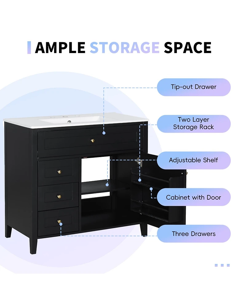 Casainc Bathroom Vanity with Sink 3 Drawers Adjustable Shelf Freestanding Storage Cabinet