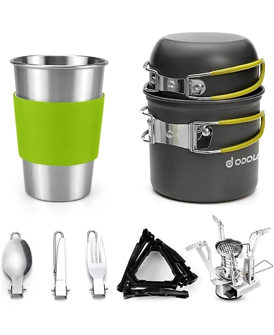 Aofar Camping Cookware Stove Carabiner Canister Stand Tripod and Stainless Steel Cup, Tank Bracket, Fork Spoon Kit