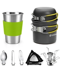 Aofar Camping Cookware Stove Carabiner Canister Stand Tripod and Stainless Steel Cup, Tank Bracket, Fork Spoon Kit