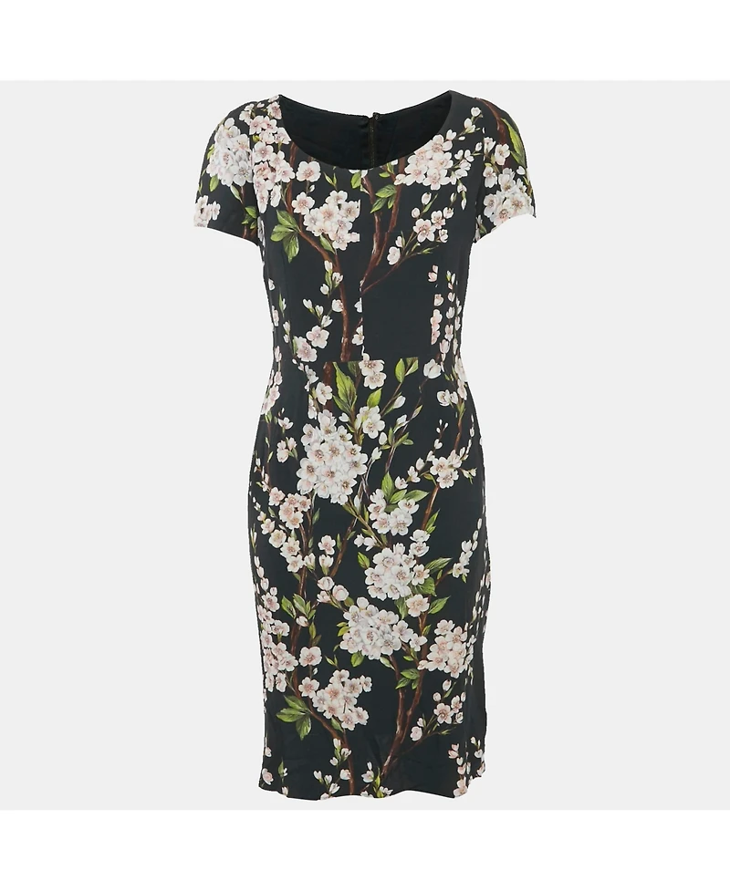 Pre-Owned Dolce & Gabbana Women's Black Floral Print Crepe Knee-Length Dress