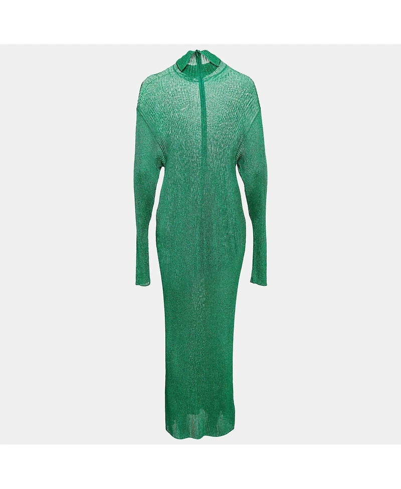 Pre-Owned Balenciaga Women's Green Metallic Rib Knit Turtle Neck Maxi Dress