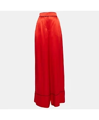 Pre-Owned Alexander Mcqueen Women's Red Satin Silk Wide-Leg Pants