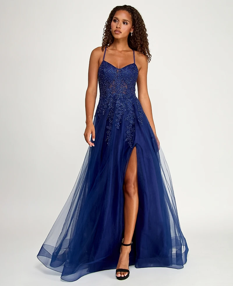 Say Yes Juniors' Embroidered Applique Side-Slit Ball Gown, Created for Macy's