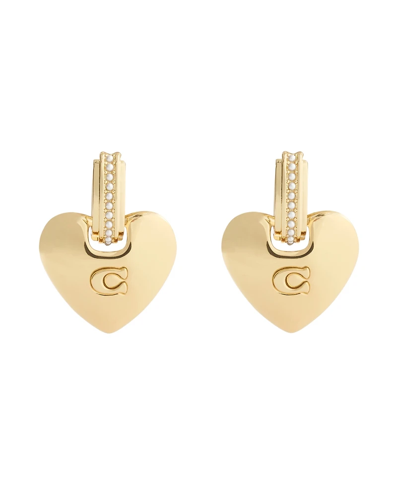 Coach Faux Cultivated Pearl Signature Puffy Heart Charm Drop Earrings