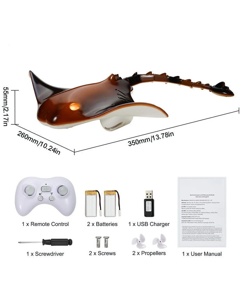 Mecale Remote Control Manta Ray Toy, 2.4GHz Realistic Swimming Rc Ray with Lights & 2 Batteries