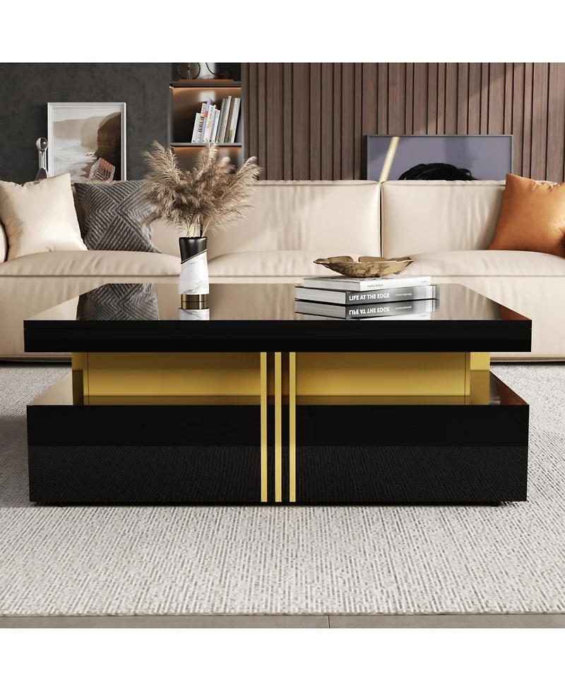 Streamdale Modern Glossy Square Storage Coffee Table with 4 Drawers, 43.3", Black