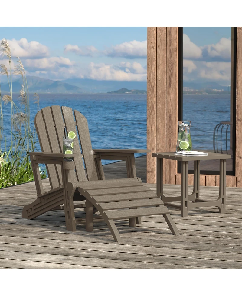 3-Piece Hdpe Outdoor Patio Adirondack Chair with Ottoman and 18" Side Table Set