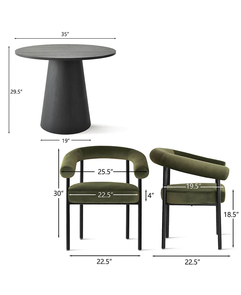 Maison Boucle 3-Piece Modern Dining Set, 35'' Round Pedestal Table with Velvet Upholstered Armchairs, Small Kitchen or Apartment Set