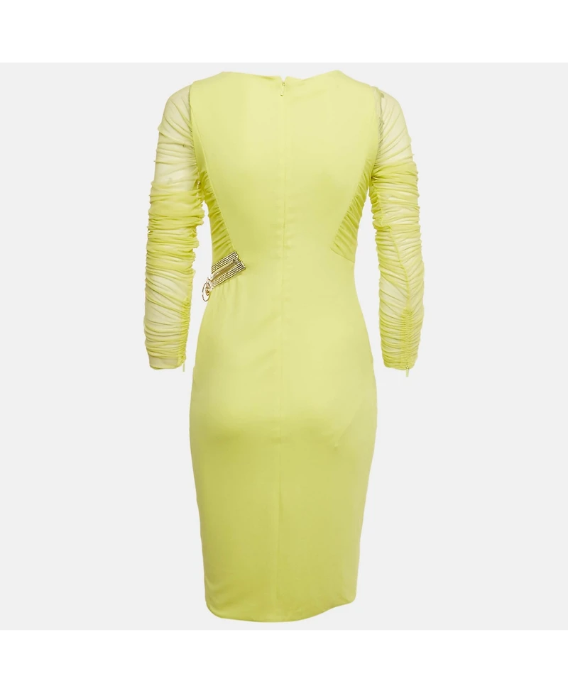 Pre-Owned Versace Women's Neon Yellow Embellished Detail Mesh & Jersey Short Dress