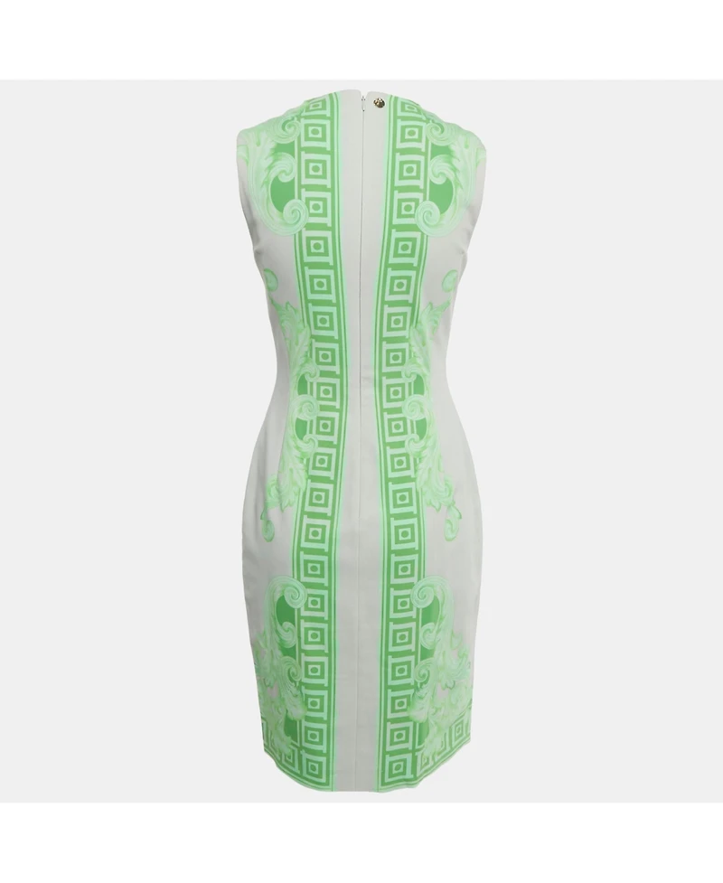 Pre-Owned Versace Women's Collection Grey /green Printed Cotton & Crepe Sheath Dress