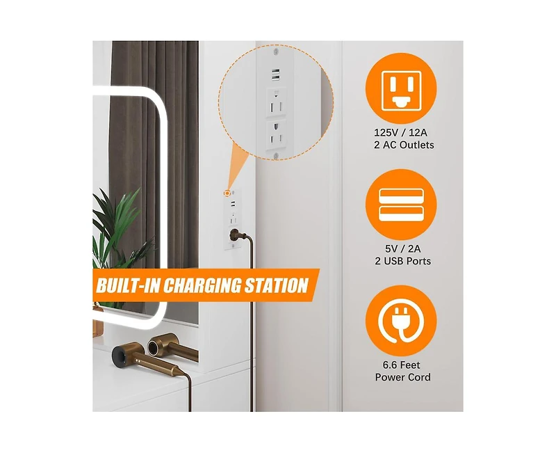 gaomon Vanity Desk with Sliding Mirror and Led Lights, Vanity Table with Power Outlet, Bedroom Makeup Table with 4 Drawers, 3 Color Lighting Modes