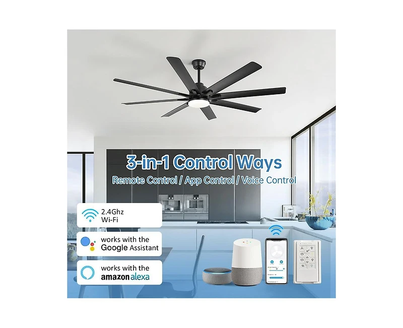 Sofucor 52-inch Modern Exquisite Black 8-Blade Ceiling Fans with Adjustable Led Lights and Intelligent Remote Control