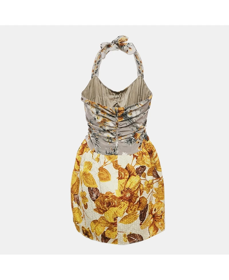 Pre-Owned Dolce & Gabbana Women's Grey/yellow Floral Print Jacquard And Crepe Halter Neck Dress
