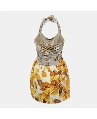 Pre-Owned Dolce & Gabbana Women's Grey/yellow Floral Print Jacquard And Crepe Halter Neck Dress