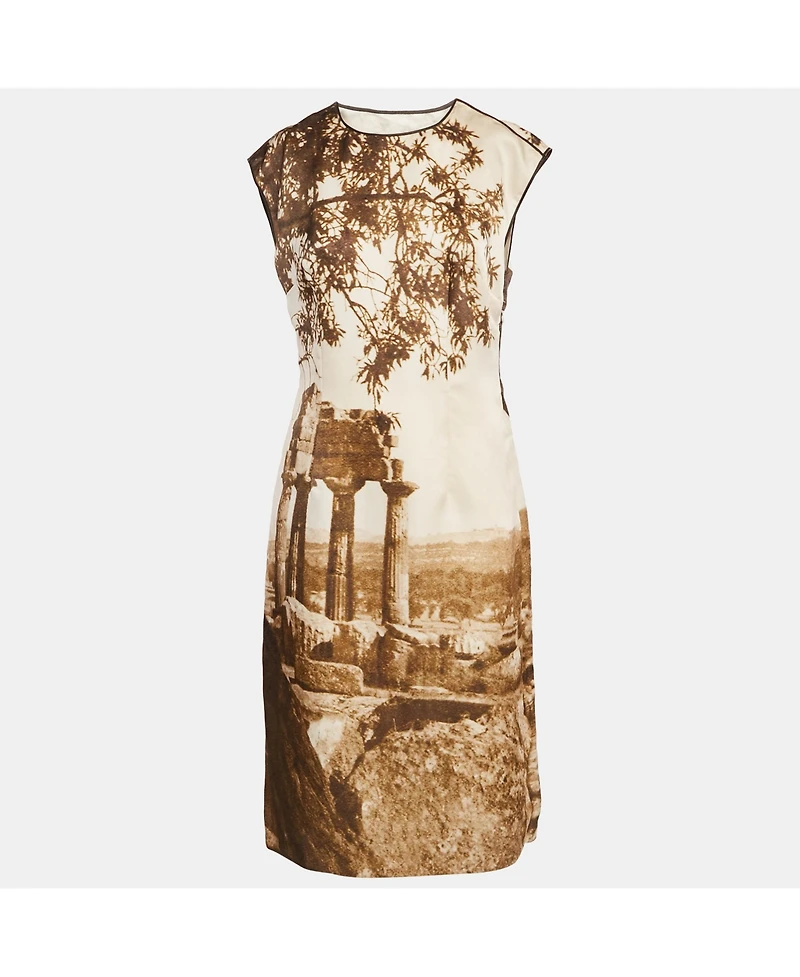 Pre-Owned Dolce & Gabbana Women's Beige Digital Greek Temple Print Silk Sleeveless Midi Dress