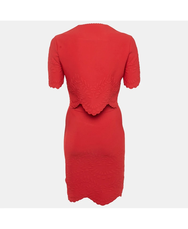 Pre-Owned Alexander Mcqueen Women's Red Textured Stretch Knit Scallop Hem Top And Skirt Set