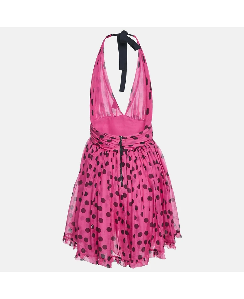Pre-Owned Dolce & Gabbana Women's Pre-Owned D&g Pink Polka Dot Silk Neck Tie Detail Mini Dress