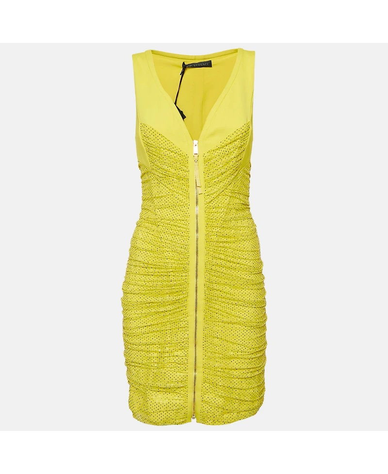 Pre-Owned Versace Women's Yellow Embellished Tulle And Jersey Ruche Mini Dress