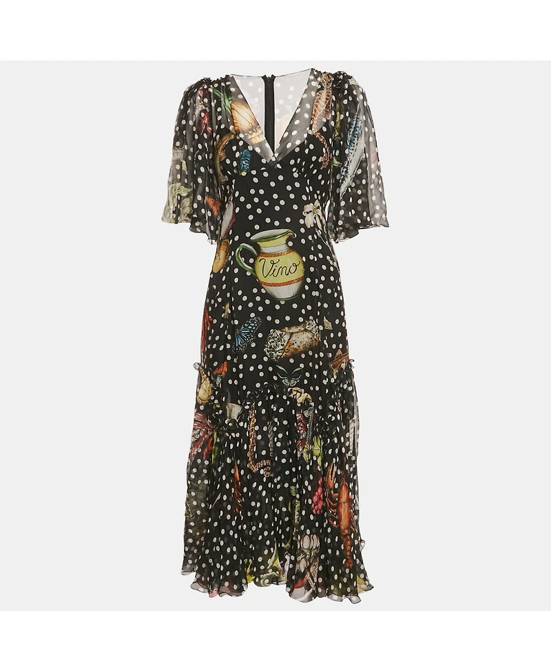 Pre-Owned Dolce & Gabbana Women's Black Printed Silk Ruffled Asymmetric Long Dress
