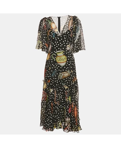 Pre-Owned Dolce & Gabbana Women's Black Printed Silk Ruffled Asymmetric Long Dress
