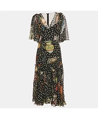 Pre-Owned Dolce & Gabbana Women's Black Printed Silk Ruffled Asymmetric Long Dress