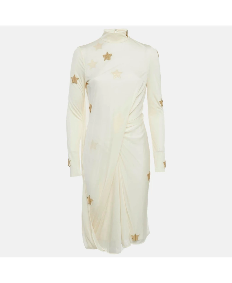 Pre-Owned Burberry Women's Cream Star Embellished Jersey Draped Knee-Length Dress