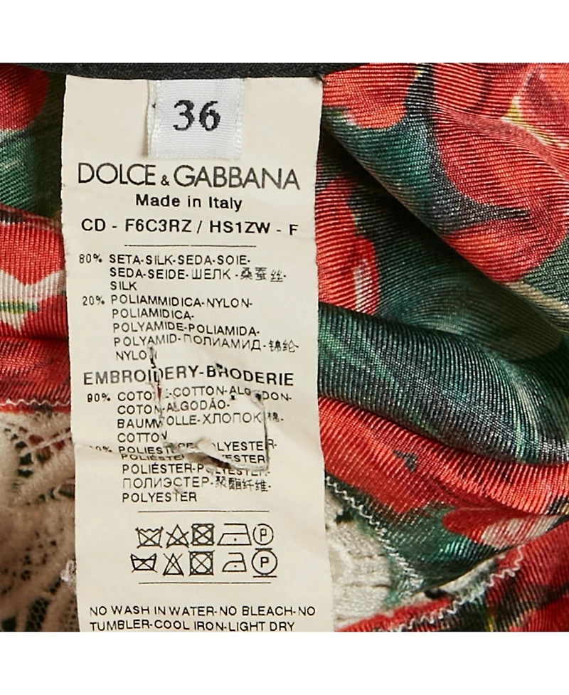 Pre-Owned Dolce & Gabbana Women's Red/multicolor Geranium Print Silk Blend Lace Trimmed Midi Dress