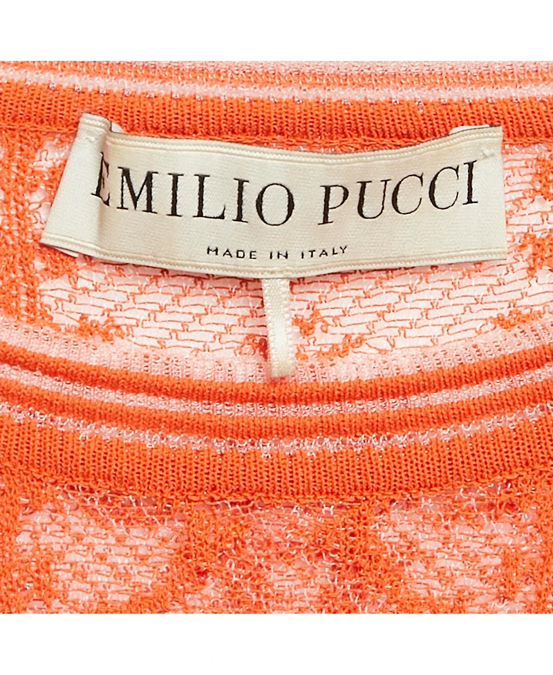 Pre-Owned Emilio Pucci Women's Orange Monogram Patterned Sheer Knit Long Sleeve Top