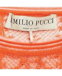 Pre-Owned Emilio Pucci Women's Orange Monogram Patterned Sheer Knit Long Sleeve Top