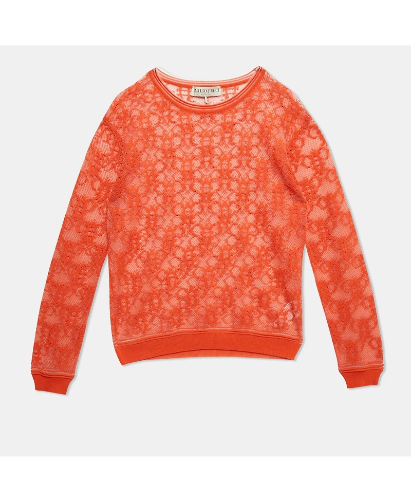 Pre-Owned Emilio Pucci Women's Orange Monogram Patterned Sheer Knit Long Sleeve Top