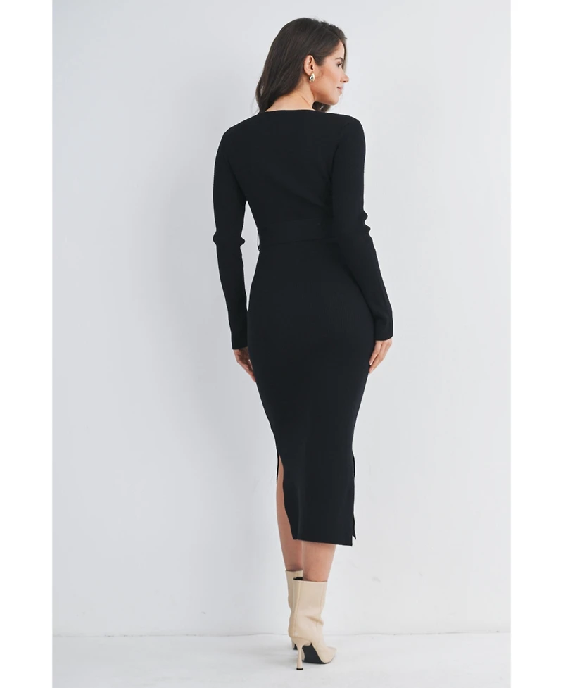 Hello Miz Maternity Ribbed Button Down Waist Tie Midi Nursing Dress - Black