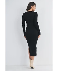 Hello Miz Maternity Ribbed Button Down Waist Tie Midi Nursing Dress - Black