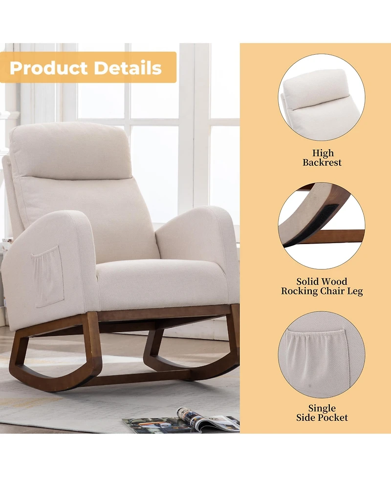 Flynama Beige Linen Rocking Recliner Chair – Modern Home Furniture with Wood Legs, Side Pocket & High Back