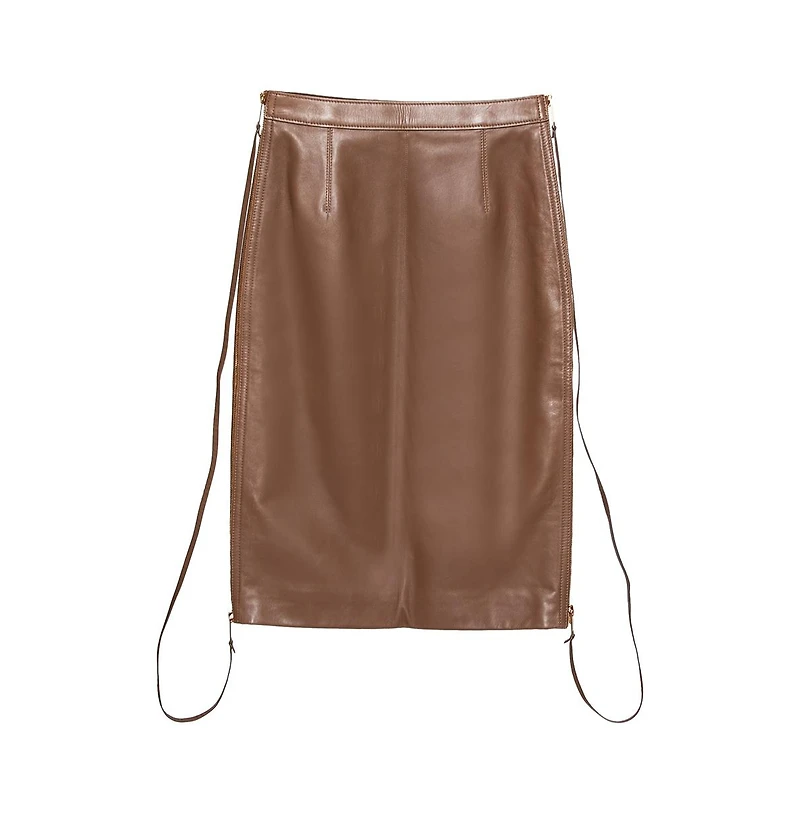 Pre-Owned Burberry Women's Brown Leather Double Zip Pencil Midi Skirt