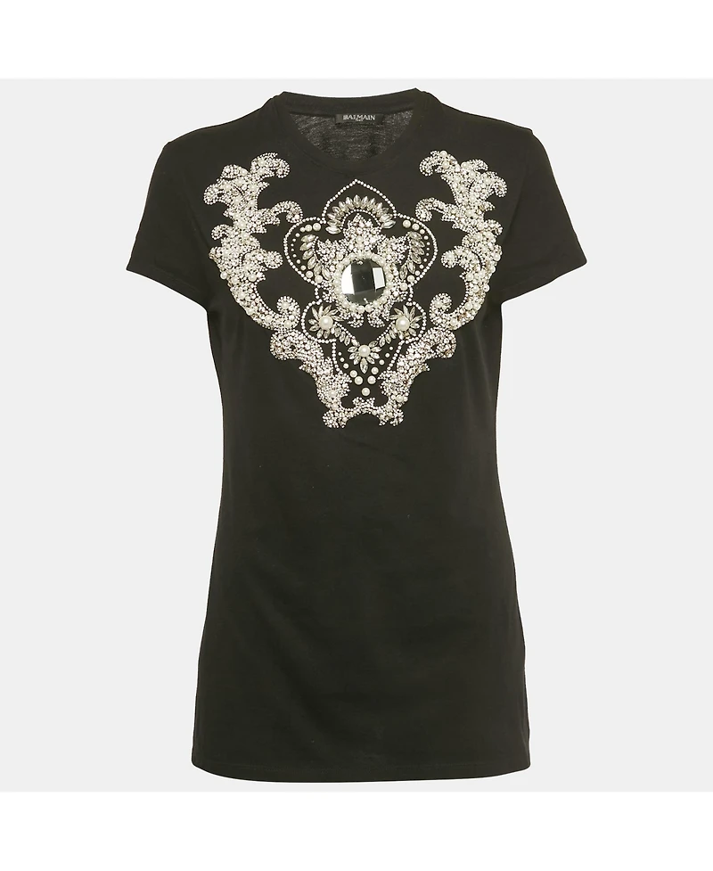 Pre-Owned Balmain Women's Pearl And Crystal Detail Jersey Crewneck T-Shirt