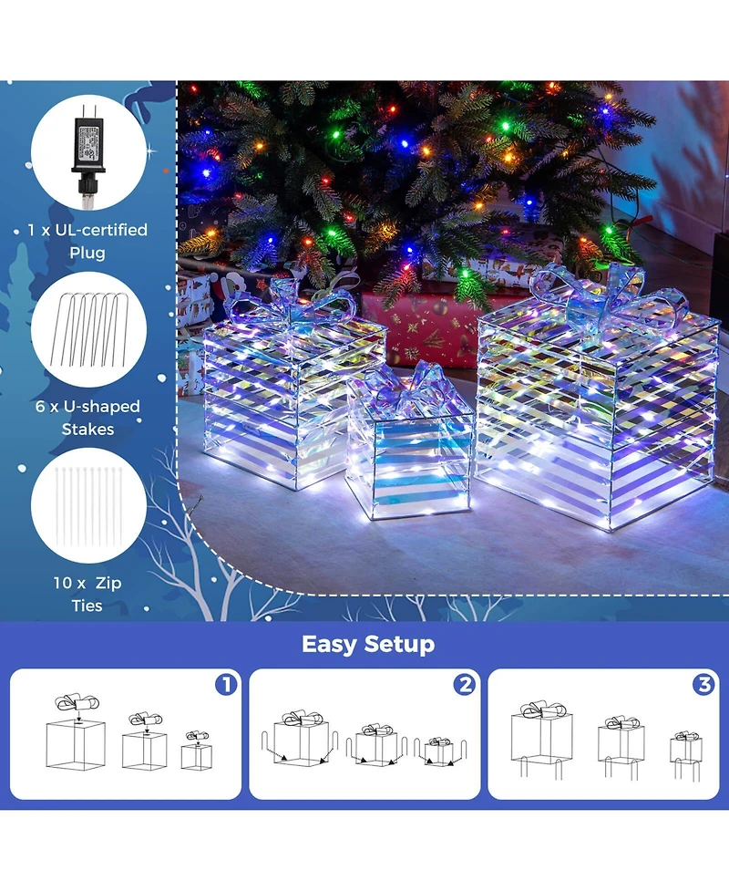 Costway 3 Pcs Christmas Lighted Gift Boxes Pre-lit 90 Led Light Up Present Box Decorations