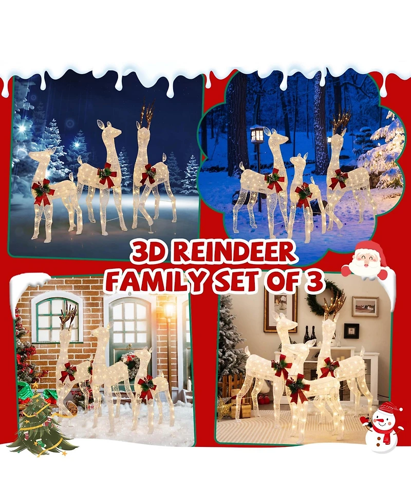 Costway 3 Pcs Pre-lit Christmas Reindeer Family 3D Lighted Glitter Deer Xmas Decoration