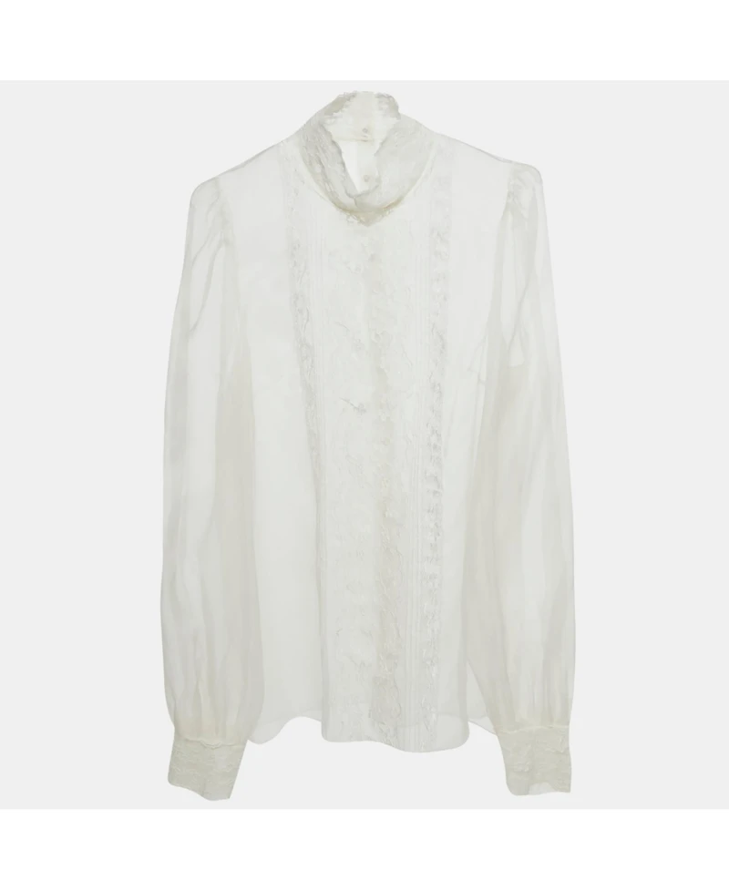 Pre-Owned Dolce & Gabbana Women's White Sheer Silk Lace Trimmed Blouse