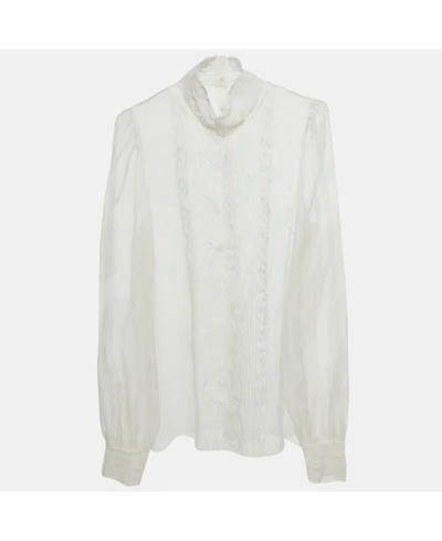 Pre-Owned Dolce & Gabbana Women's White Sheer Silk Lace Trimmed Blouse