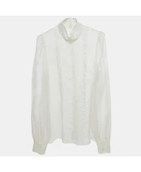 Pre-Owned Dolce & Gabbana Women's White Sheer Silk Lace Trimmed Blouse