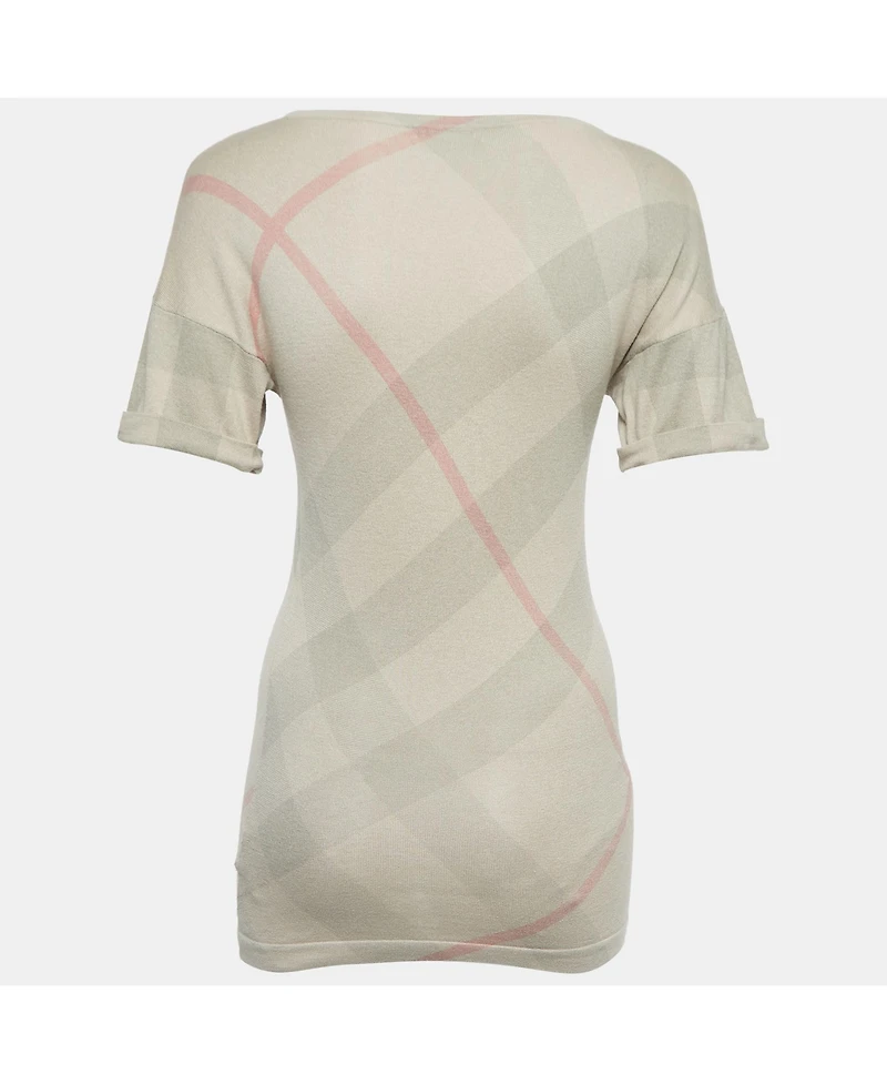 Pre-Owned Burberry Women's Brit Beige Checked Silk Blend Knit V-Neck T-Shirt