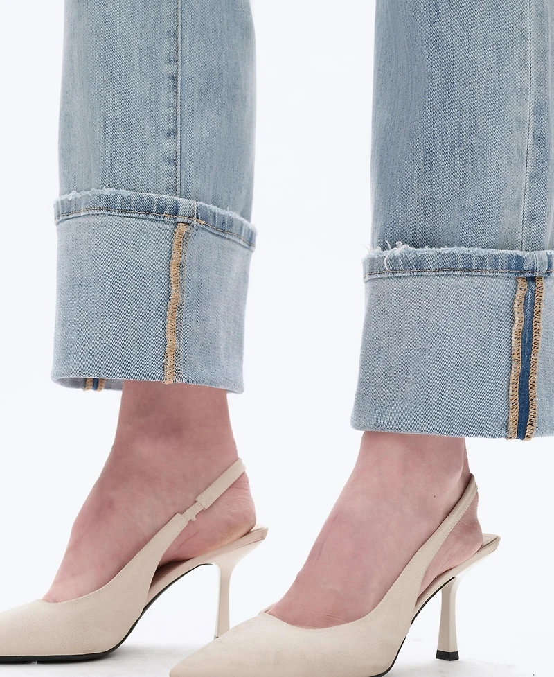 Bayeas Women's Mid-Rise Straight Cuffed Distressed Jeans