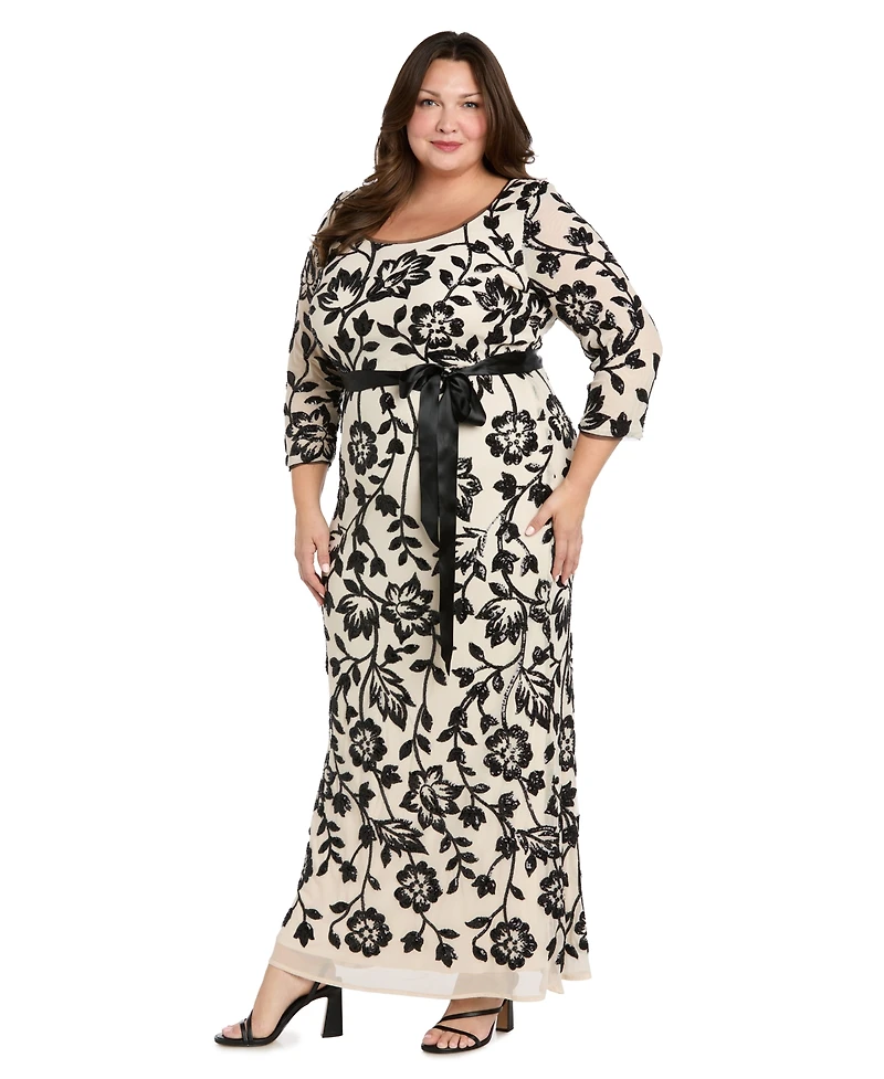 R & M Richards Plus Long Floral Embroidered Dress