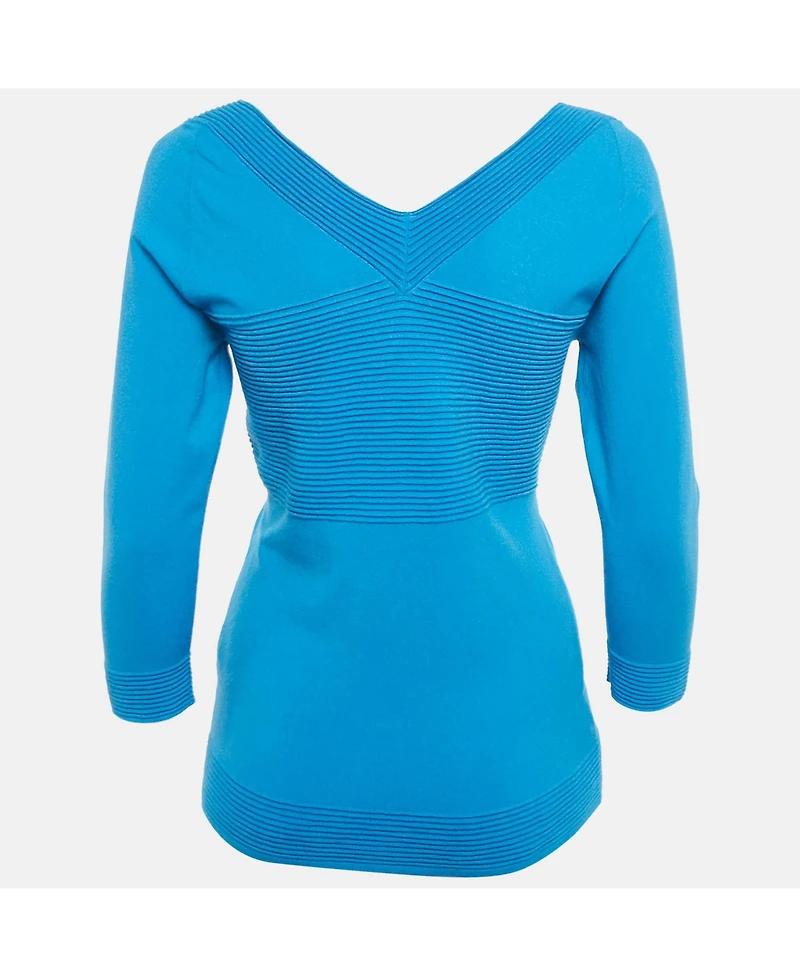 Pre-Owned Versace Women's Collection Blue Textured Stretch Knit V-Neck Pullover