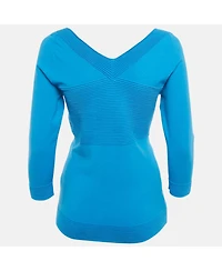Pre-Owned Versace Women's Collection Blue Textured Stretch Knit V-Neck Pullover